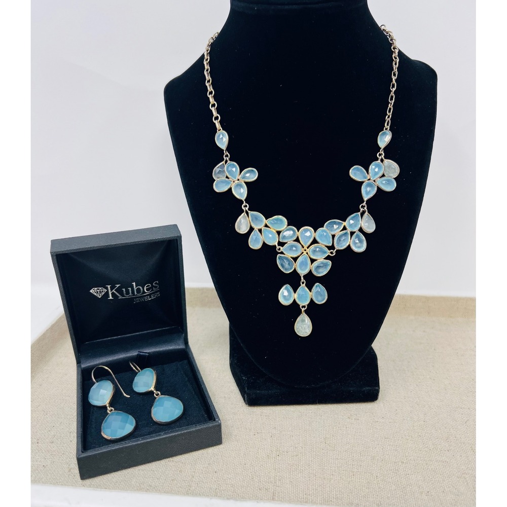 Sterling Silver Blue Chalcedony Bib Necklace & Drop Earrings Set